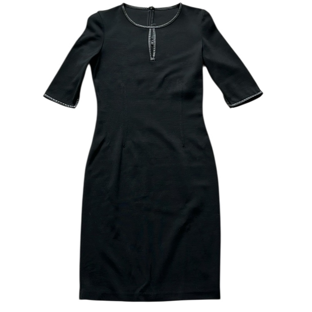 ST. JOHN Leather Trim Milano Knit Wool‎ Black Half Sleeve Sheath Dress Women’s 2